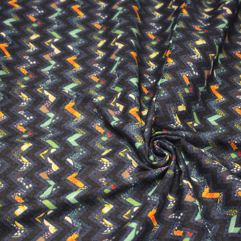 Tissu popeline coton zig zag bleu, noir et fines fleurs multicolores - tissuspipi.com