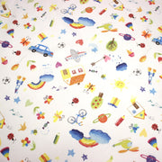 Tissu cotonnade aux DESSINS D'ENFANT multicolores, fond blanc - tissuspipi.com