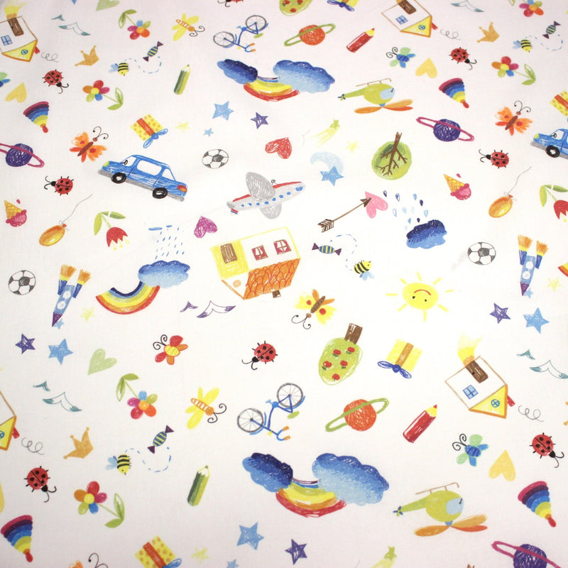 Tissu cotonnade aux DESSINS D'ENFANT multicolores, fond blanc - tissuspipi.com