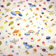 Tissu cotonnade aux DESSINS D'ENFANT multicolores, fond blanc - tissuspipi.com