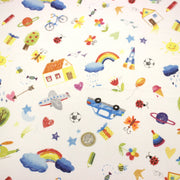 Tissu cotonnade aux DESSINS D'ENFANT multicolores, fond blanc - tissuspipi.com