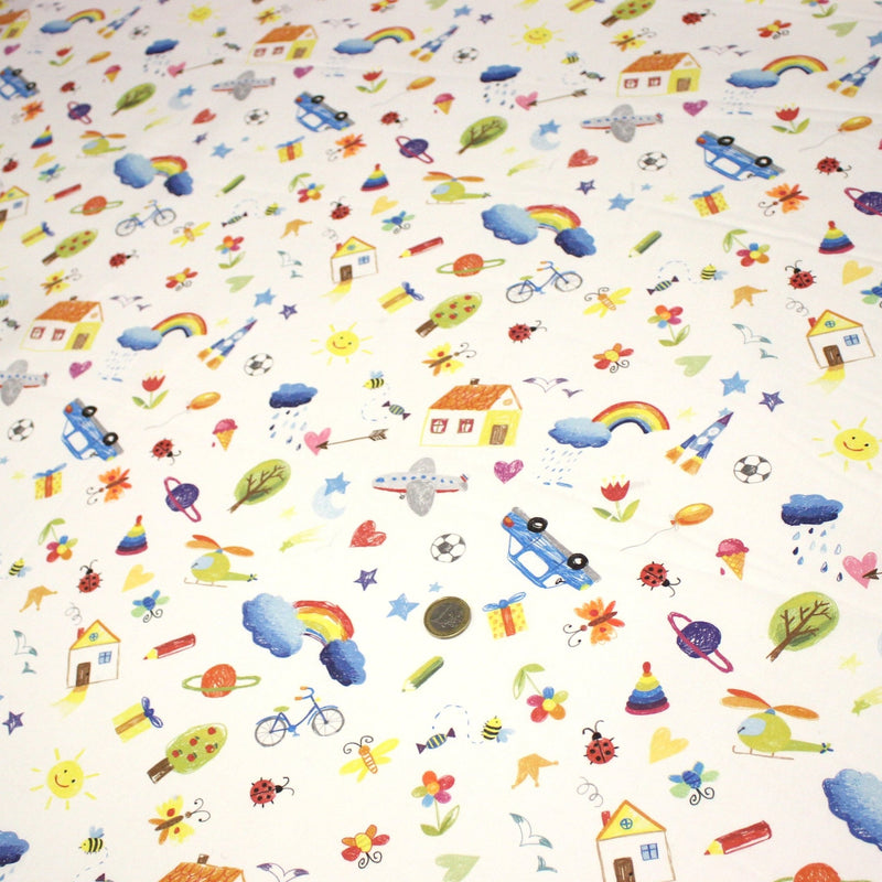 Tissu cotonnade aux DESSINS D'ENFANT multicolores, fond blanc - tissuspipi.com