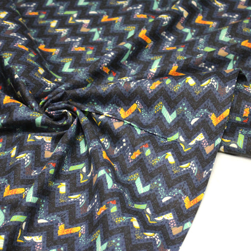 Tissu popeline coton zig zag bleu, noir et fines fleurs multicolores - tissuspipi.com