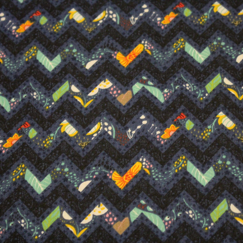 Tissu popeline coton zig zag bleu, noir et fines fleurs multicolores - tissuspipi.com