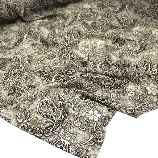 Tissu viscose fluide écru aux fleurs indiennes noires - COLLECTION KALAMKARI - tissuspipi.com