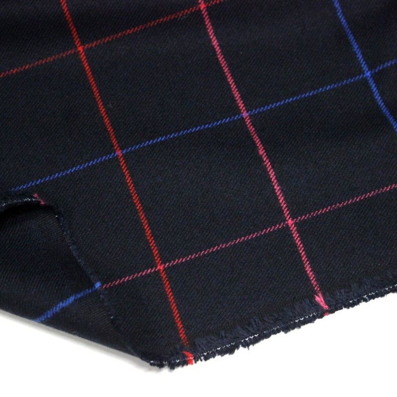 Tissu draperie lainage bleu nuit motif windowpane aux liserés roses rouges et bleu roi - tissuspipi.com