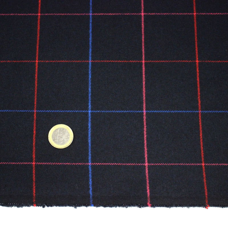 Tissu draperie lainage bleu nuit motif windowpane aux liserés roses rouges et bleu roi - tissuspipi.com
