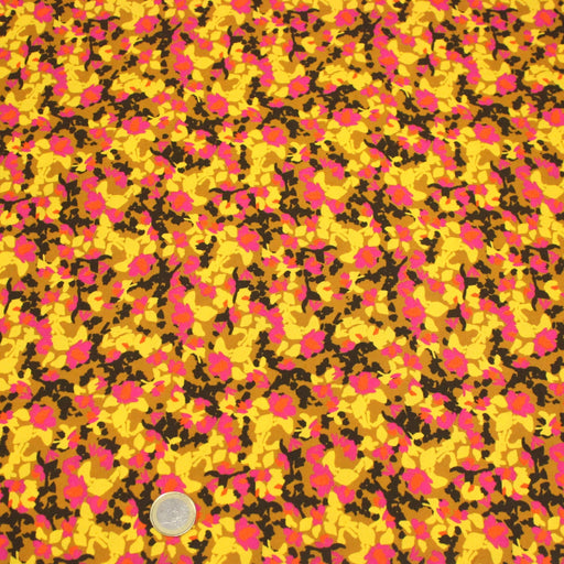 Tissu Viscose fluide MAKIA, floral jaune et rose, fond ocre - STANDARD 100 OEKO - TEX - tissuspipi.com