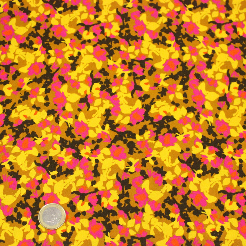 Tissu Viscose fluide MAKIA, floral jaune et rose, fond ocre - STANDARD 100 OEKO - TEX - tissuspipi.com