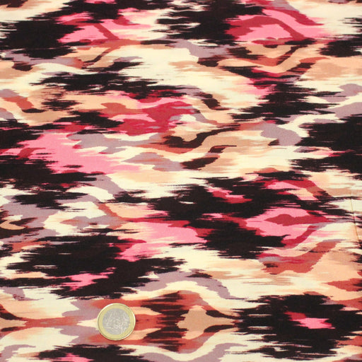 Tissu Viscose fluide motif IKAT rose, chocolat, écru - STANDARD 100 OEKO - TEX - tissuspipi.com