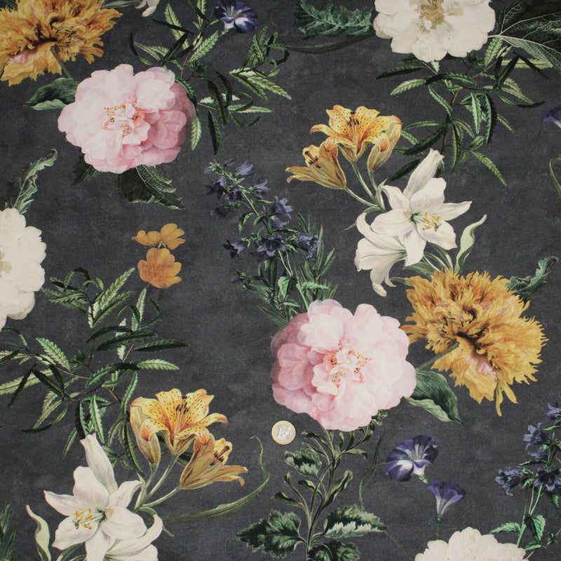 Tissu de coton demi - natté ROMANTISME aux grandes fleurs jaunes, roses et blanches - OEKO - TEX - tissuspipi.com