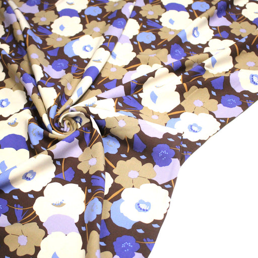 Tissu Viscose fluide GEORGINA floral marron, écru et bleu - OEKO - TEX - tissuspipi.com