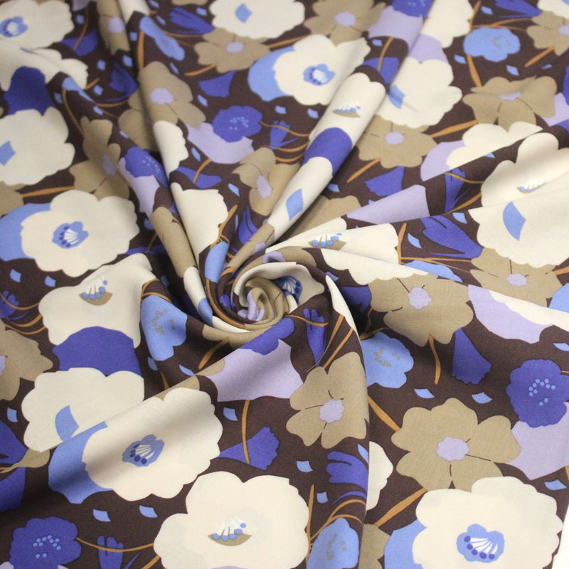 Tissu Viscose fluide GEORGINA floral marron, écru et bleu - OEKO - TEX - tissuspipi.com