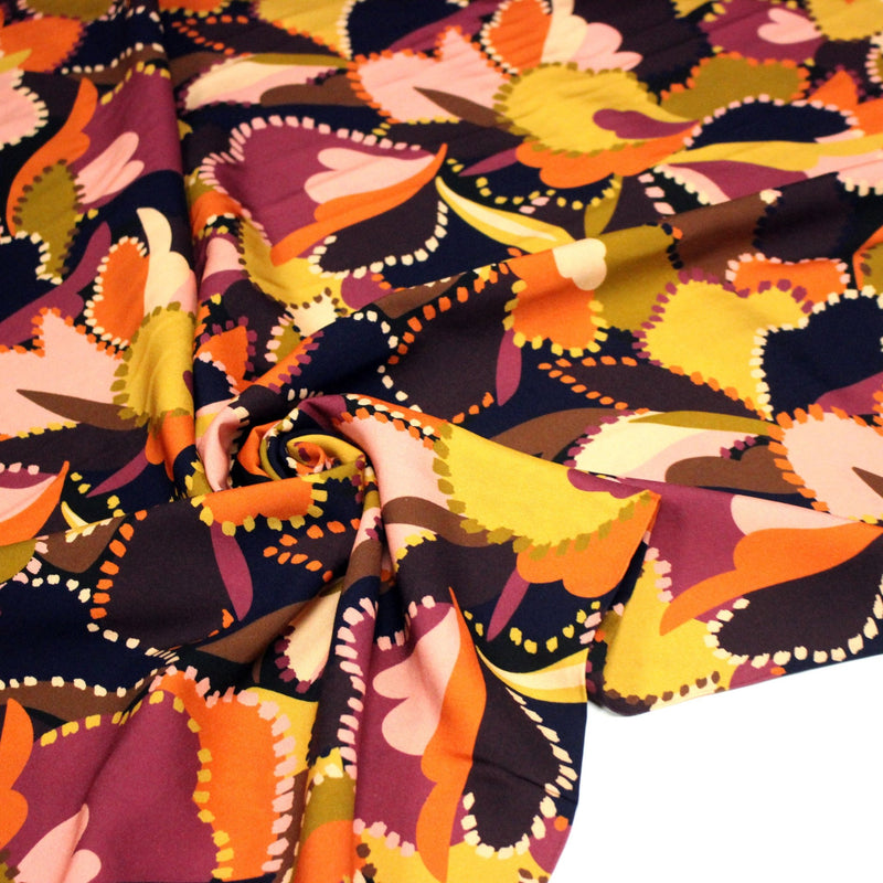 Tissu Viscose fluide BERNIE, floral rose, ocre, orange, chocolat, noir - STANDARD 100 OEKO - TEX - tissuspipi.com