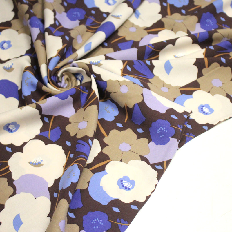 Tissu Viscose fluide GEORGINA floral marron, écru et bleu - OEKO - TEX - tissuspipi.com