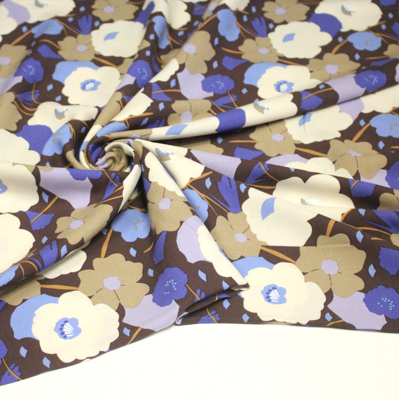 Tissu Viscose fluide GEORGINA floral marron, écru et bleu - OEKO - TEX - tissuspipi.com