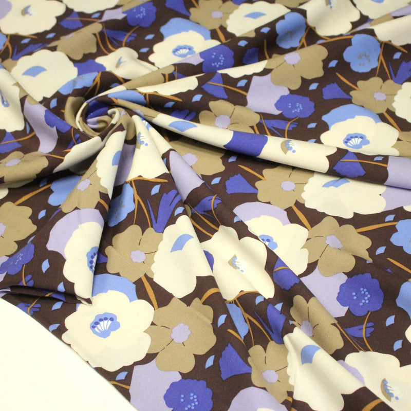 Tissu Viscose fluide GEORGINA floral marron, écru et bleu - OEKO - TEX - tissuspipi.com