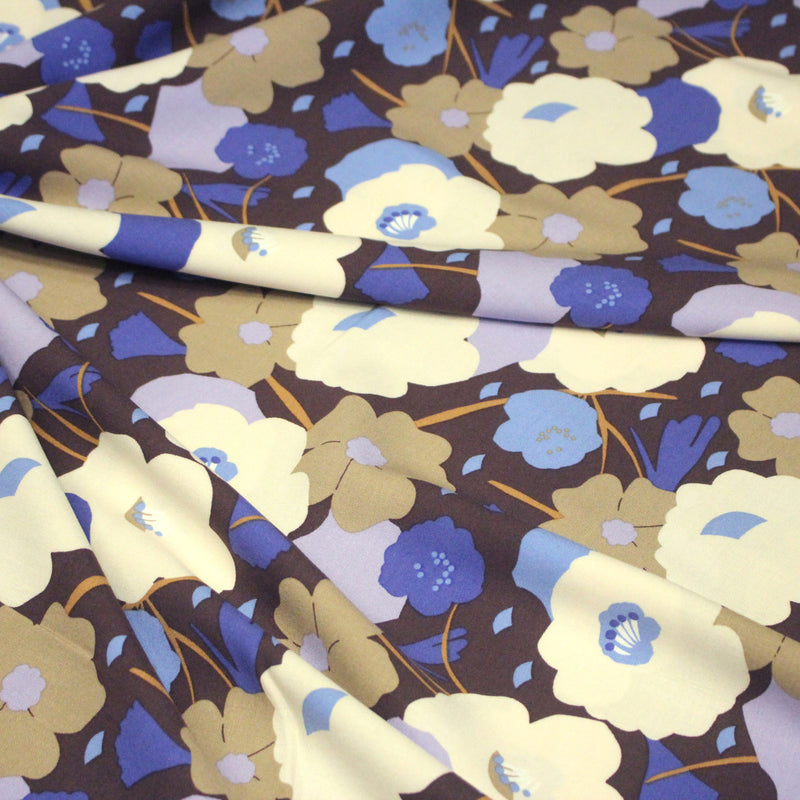 Tissu Viscose fluide GEORGINA floral marron, écru et bleu - OEKO - TEX - tissuspipi.com