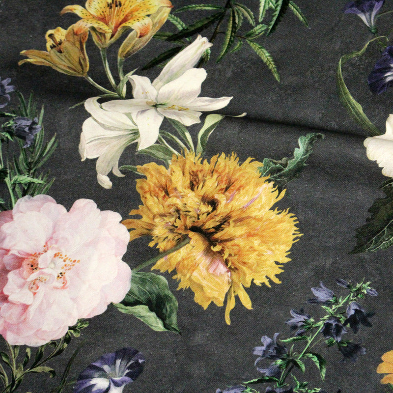 Tissu de coton demi - natté ROMANTISME aux grandes fleurs jaunes, roses et blanches - OEKO - TEX - tissuspipi.com