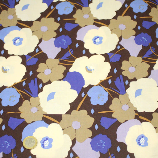 Tissu Viscose fluide GEORGINA floral marron, écru et bleu - OEKO - TEX - tissuspipi.com