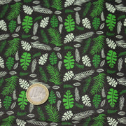Tissu popeline coton noir aux fougères et feuilles tropicales vertes - tissuspipi.com