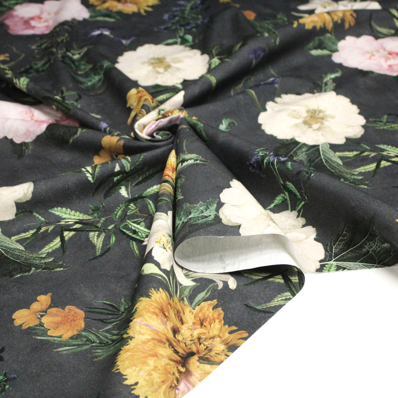 Tissu de coton demi - natté ROMANTISME aux grandes fleurs jaunes, roses et blanches - OEKO - TEX - tissuspipi.com