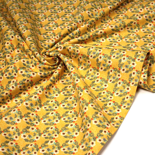 Tissu popeline coton jaune, cactus et fleurs de cactus vertes & oranges - tissuspipi.com