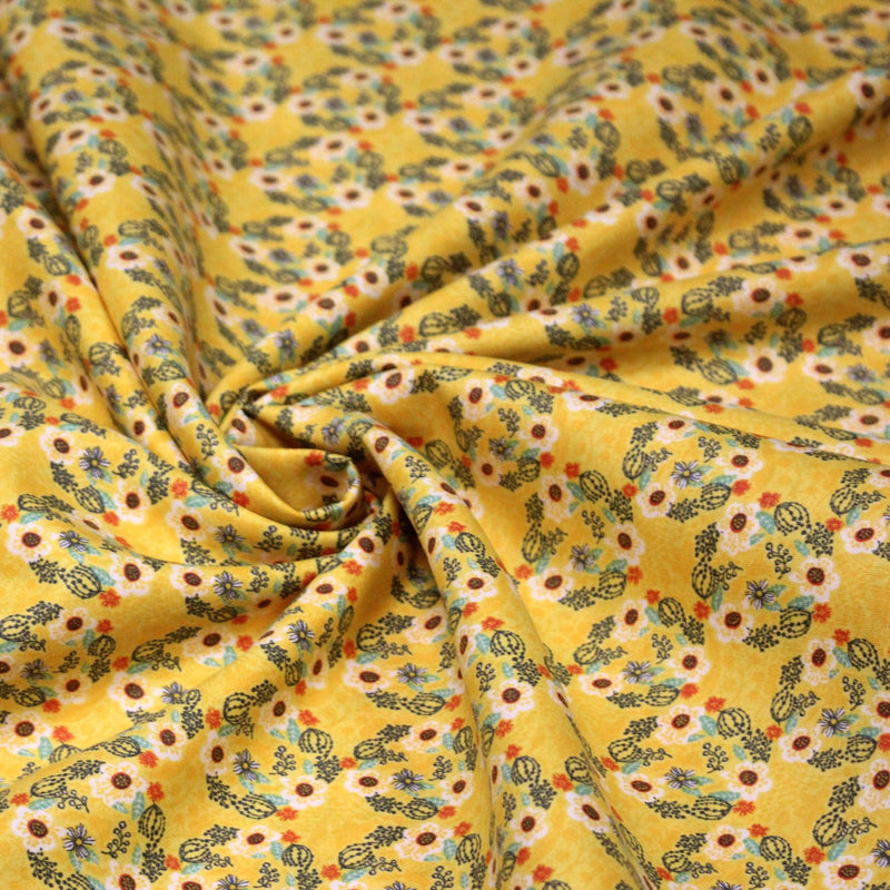 Tissu popeline coton jaune, cactus et fleurs de cactus vertes & oranges - tissuspipi.com
