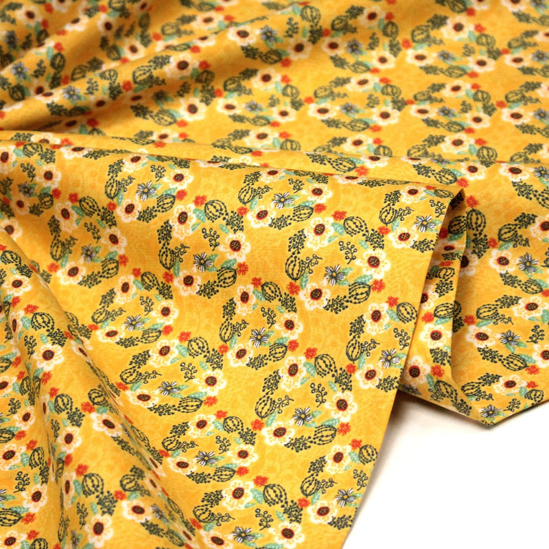 Tissu popeline coton jaune, cactus et fleurs de cactus vertes & oranges - tissuspipi.com