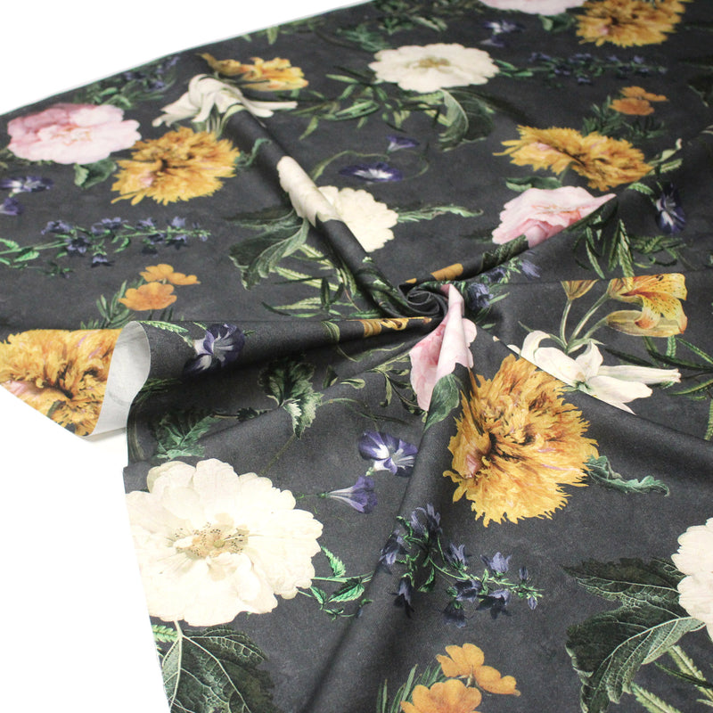 Tissu de coton demi - natté ROMANTISME aux grandes fleurs jaunes, roses et blanches - OEKO - TEX - tissuspipi.com