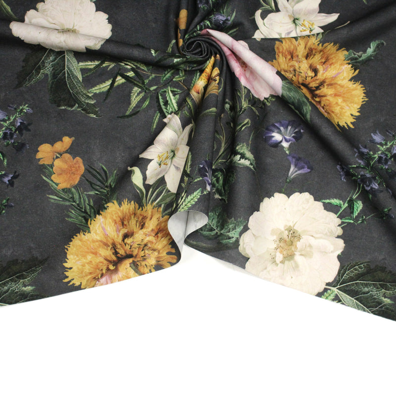 Tissu de coton demi - natté ROMANTISME aux grandes fleurs jaunes, roses et blanches - OEKO - TEX - tissuspipi.com