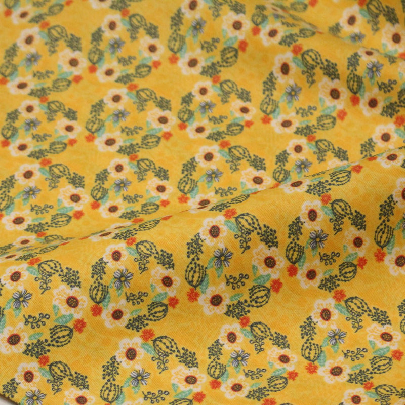 Tissu popeline coton jaune, cactus et fleurs de cactus vertes & oranges - tissuspipi.com