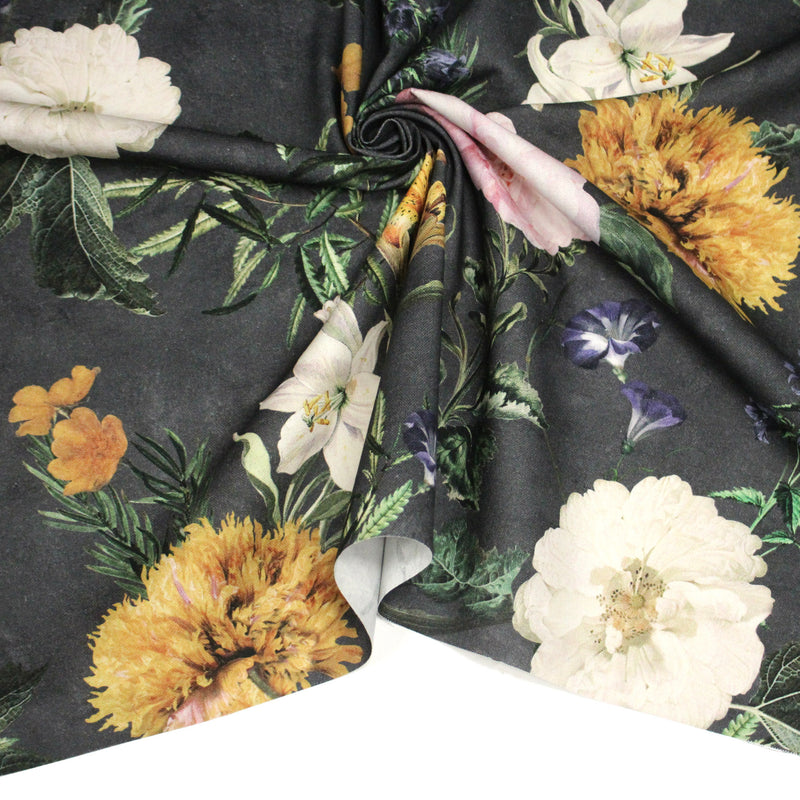 Tissu de coton demi - natté ROMANTISME aux grandes fleurs jaunes, roses et blanches - OEKO - TEX - tissuspipi.com