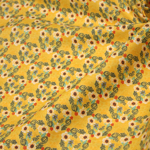 Tissu popeline coton jaune, cactus et fleurs de cactus vertes & oranges - tissuspipi.com