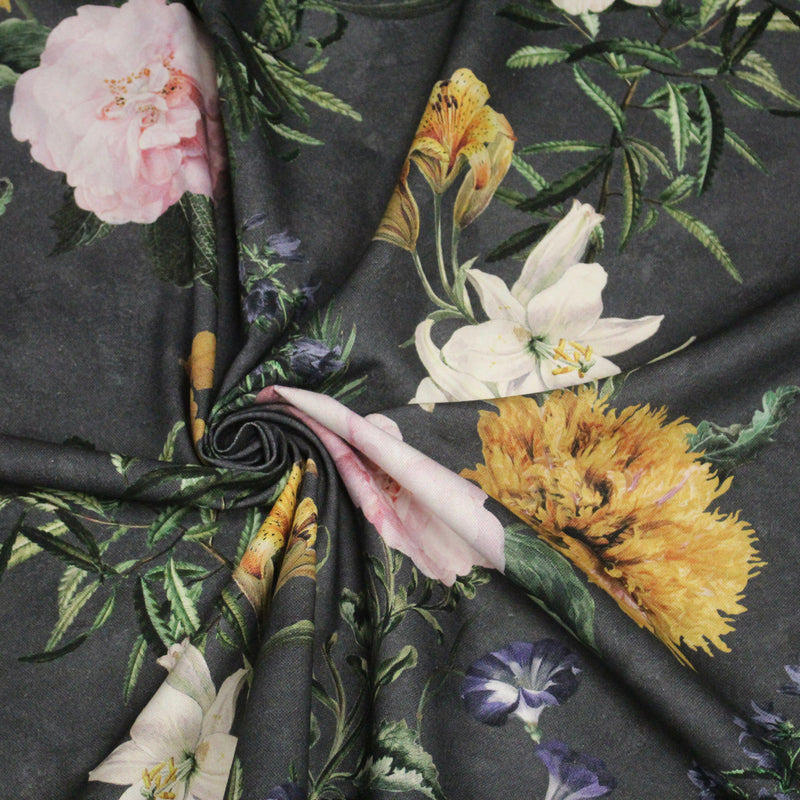Tissu de coton demi - natté ROMANTISME aux grandes fleurs jaunes, roses et blanches - OEKO - TEX - tissuspipi.com