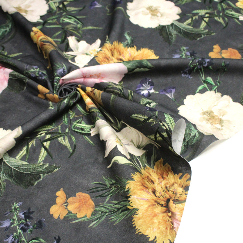 Tissu de coton demi - natté ROMANTISME aux grandes fleurs jaunes, roses et blanches - OEKO - TEX - tissuspipi.com