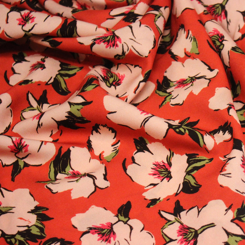 Tissu Viscose fluide SOLINE, rouge aux fleurs roses et noires - STANDARD 100 OEKO - TEX - tissuspipi.com