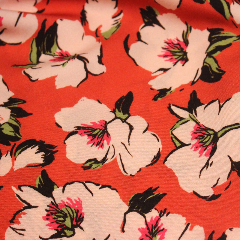 Tissu Viscose fluide SOLINE, rouge aux fleurs roses et noires - STANDARD 100 OEKO - TEX - tissuspipi.com