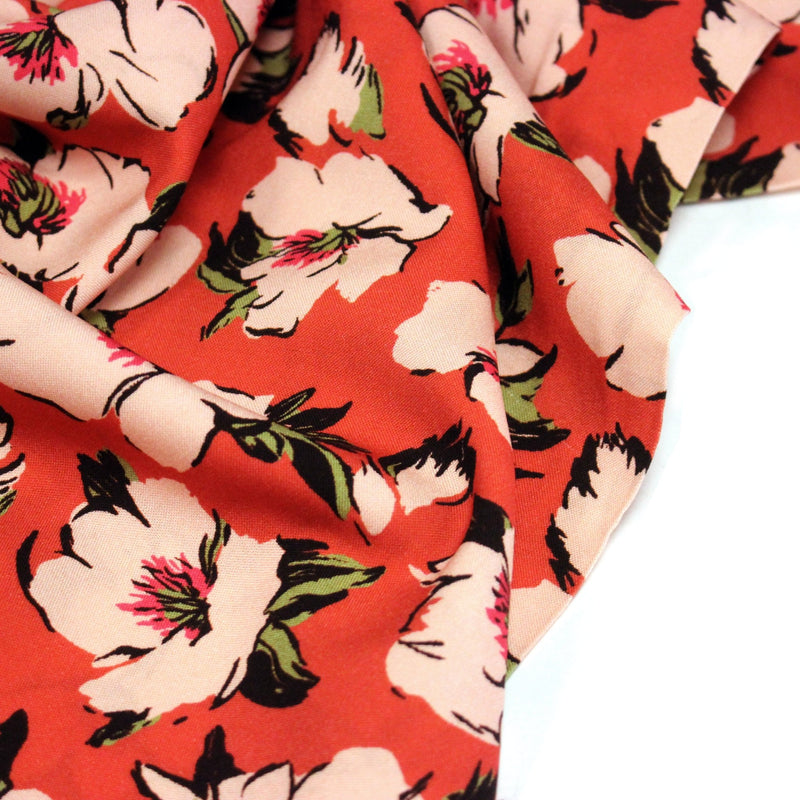 Tissu Viscose fluide SOLINE, rouge aux fleurs roses et noires - STANDARD 100 OEKO - TEX - tissuspipi.com