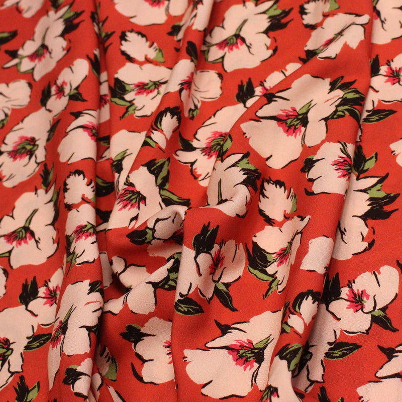Tissu Viscose fluide SOLINE, rouge aux fleurs roses et noires - STANDARD 100 OEKO - TEX - tissuspipi.com