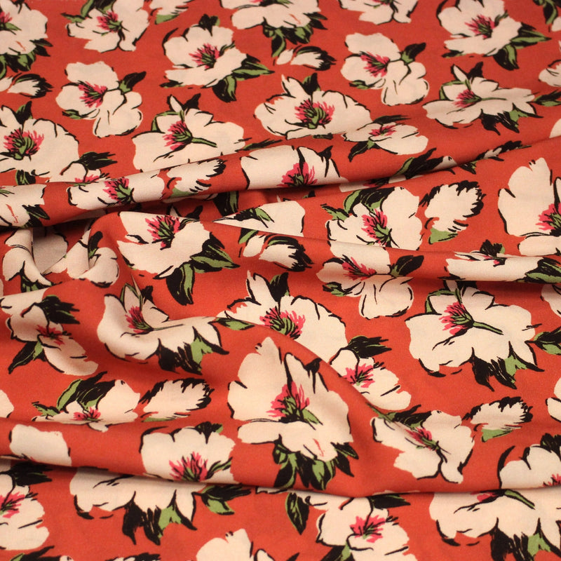Tissu Viscose fluide SOLINE, rouge aux fleurs roses et noires - STANDARD 100 OEKO - TEX - tissuspipi.com