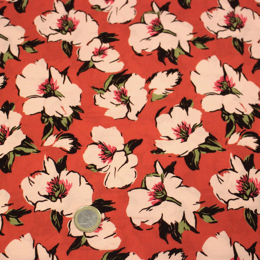 Tissu Viscose fluide SOLINE, rouge aux fleurs roses et noires - STANDARD 100 OEKO - TEX - tissuspipi.com