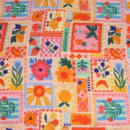 Tissu Viscose fluide Fruits en couleurs, palmiers et fleurs - COLLECTION SICILIA - STANDARD 100 OEKO - TEX - tissuspipi.com