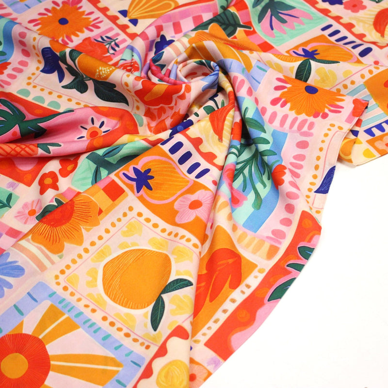 Tissu Viscose fluide Fruits en couleurs, palmiers et fleurs - COLLECTION SICILIA - STANDARD 100 OEKO - TEX - tissuspipi.com