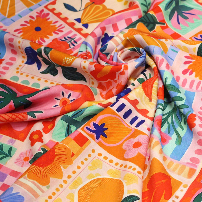 Tissu Viscose fluide Fruits en couleurs, palmiers et fleurs - COLLECTION SICILIA - STANDARD 100 OEKO - TEX - tissuspipi.com