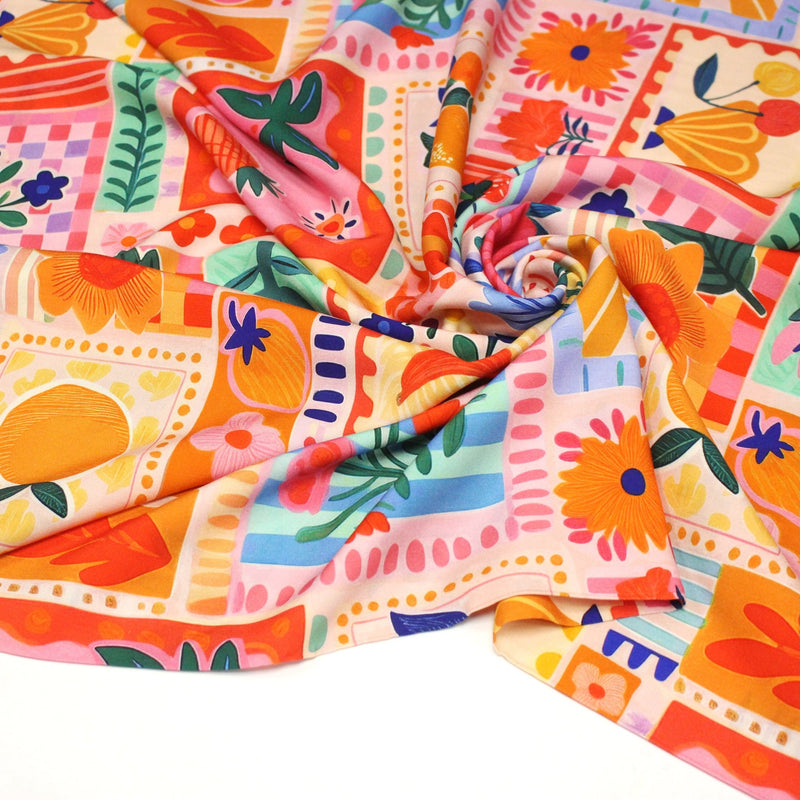 Tissu Viscose fluide Fruits en couleurs, palmiers et fleurs - COLLECTION SICILIA - STANDARD 100 OEKO - TEX - tissuspipi.com