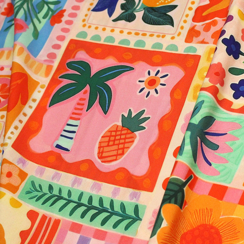 Tissu Viscose fluide Fruits en couleurs, palmiers et fleurs - COLLECTION SICILIA - STANDARD 100 OEKO - TEX - tissuspipi.com