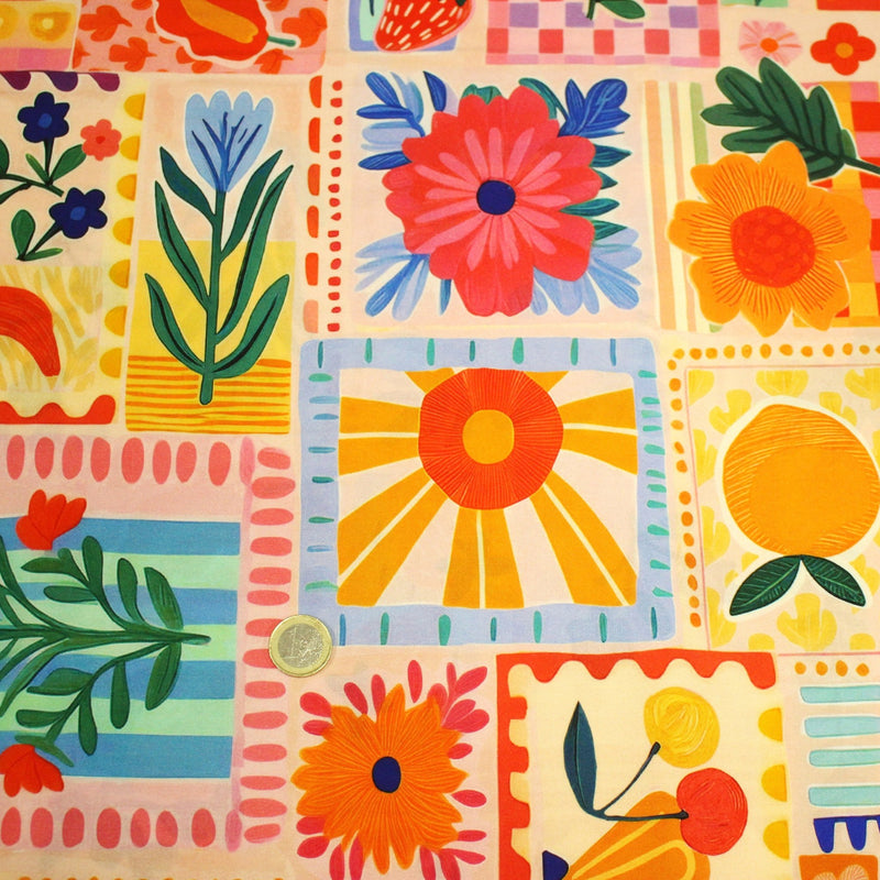 Tissu Viscose fluide Fruits en couleurs, palmiers et fleurs - COLLECTION SICILIA - STANDARD 100 OEKO - TEX - tissuspipi.com