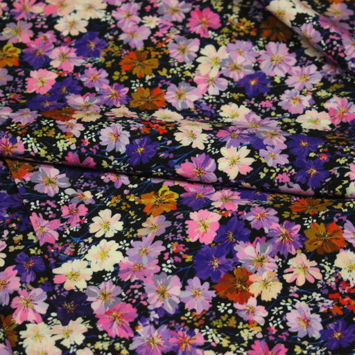 Tissu Viscose fluide ZATA floral parme et violet fond noir – STANDARD 100 OEKO - TEX - tissuspipi.com