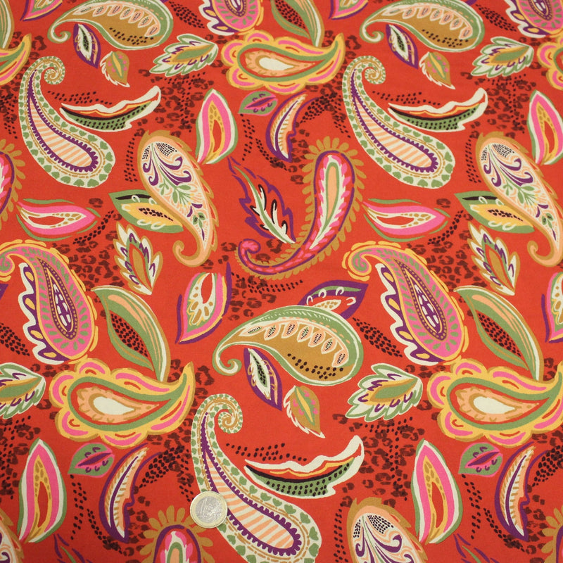 Tissu Viscose fluide ANJALI motif cachemire multicolore fond rouge – STANDARD 100 OEKO - TEX - tissuspipi.com